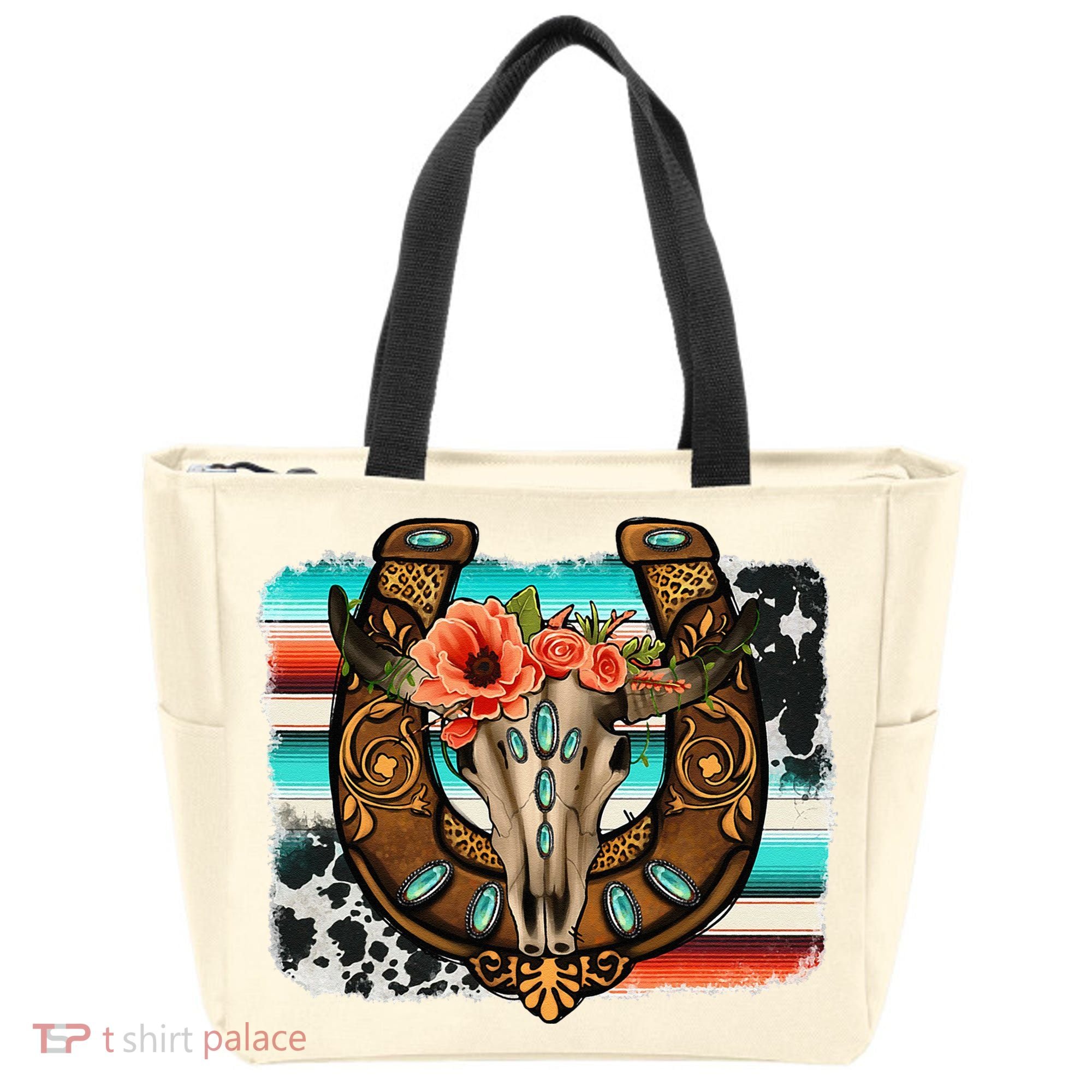 Boho Flower Bull Skull Horseshoes Western Cowhide Serape Tote Bag