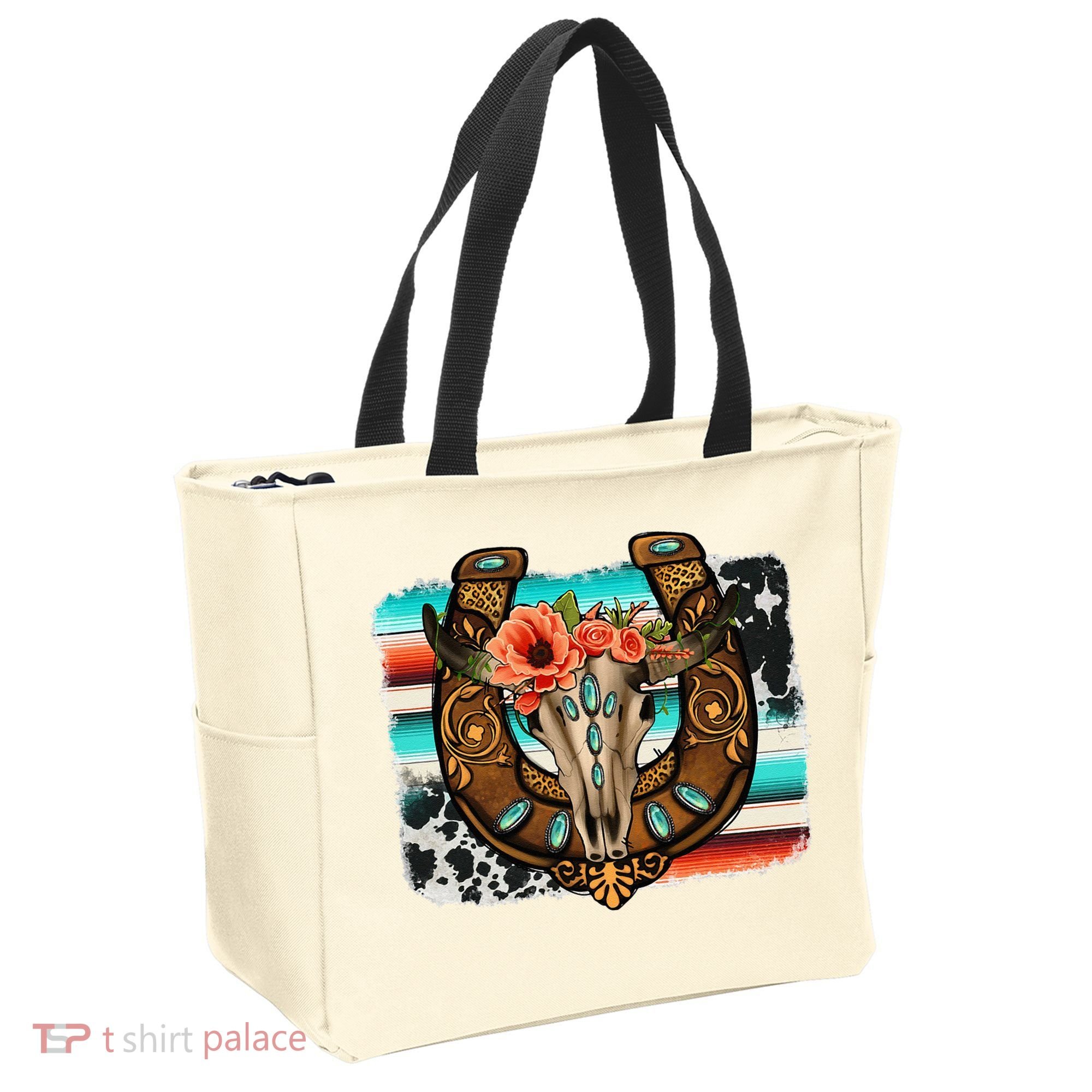Boho Flower Bull Skull Horseshoes Western Cowhide Serape Tote Bag