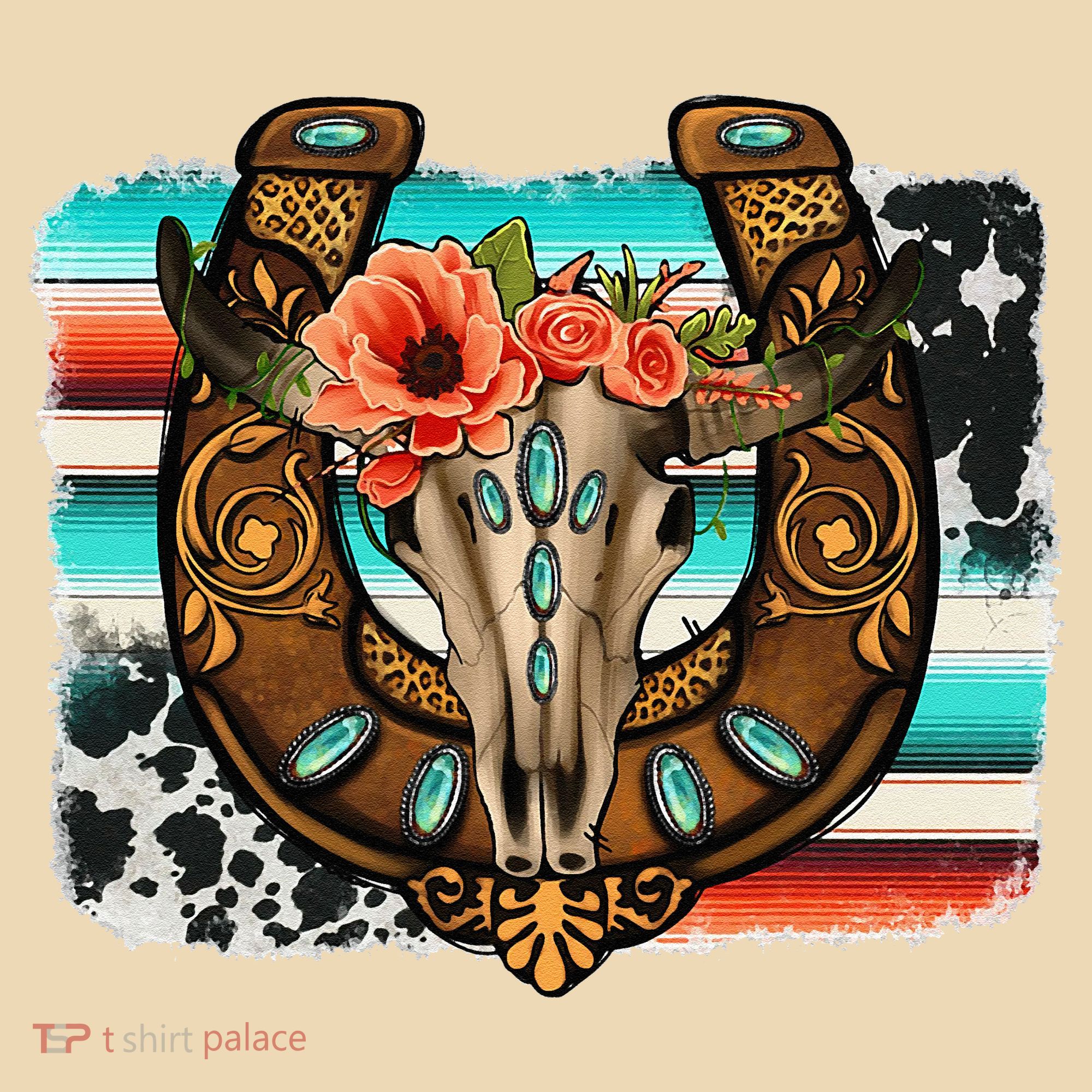 Boho Flower Bull Skull Horseshoes Western Cowhide Serape Tote Bag