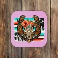 Boho Flower Bull Skull Horseshoes Western Cowhide Serape Coaster thumb 0