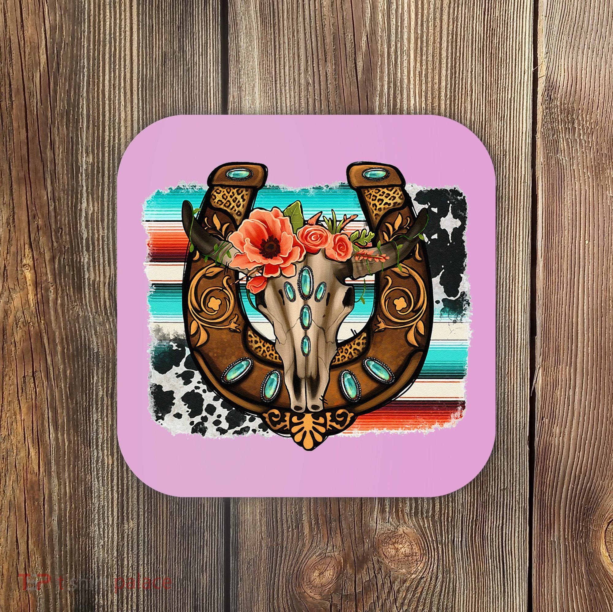 Boho Flower Bull Skull Horseshoes Western Cowhide Serape Coaster