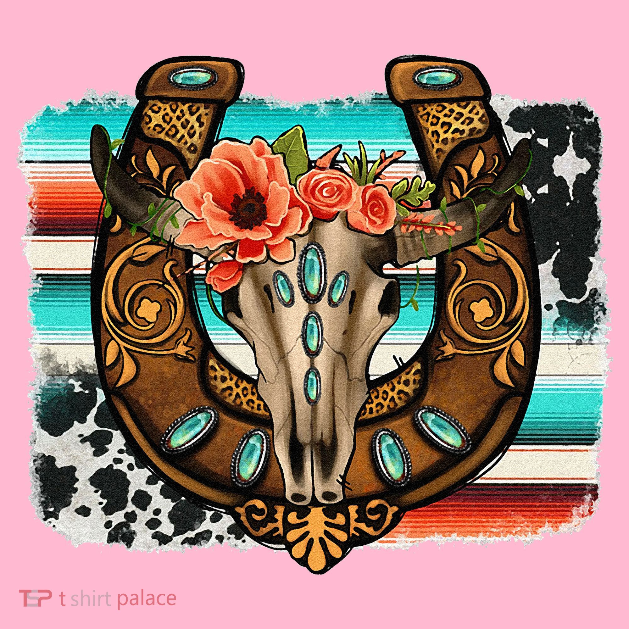 Boho Flower Bull Skull Horseshoes Western Cowhide Serape Coaster