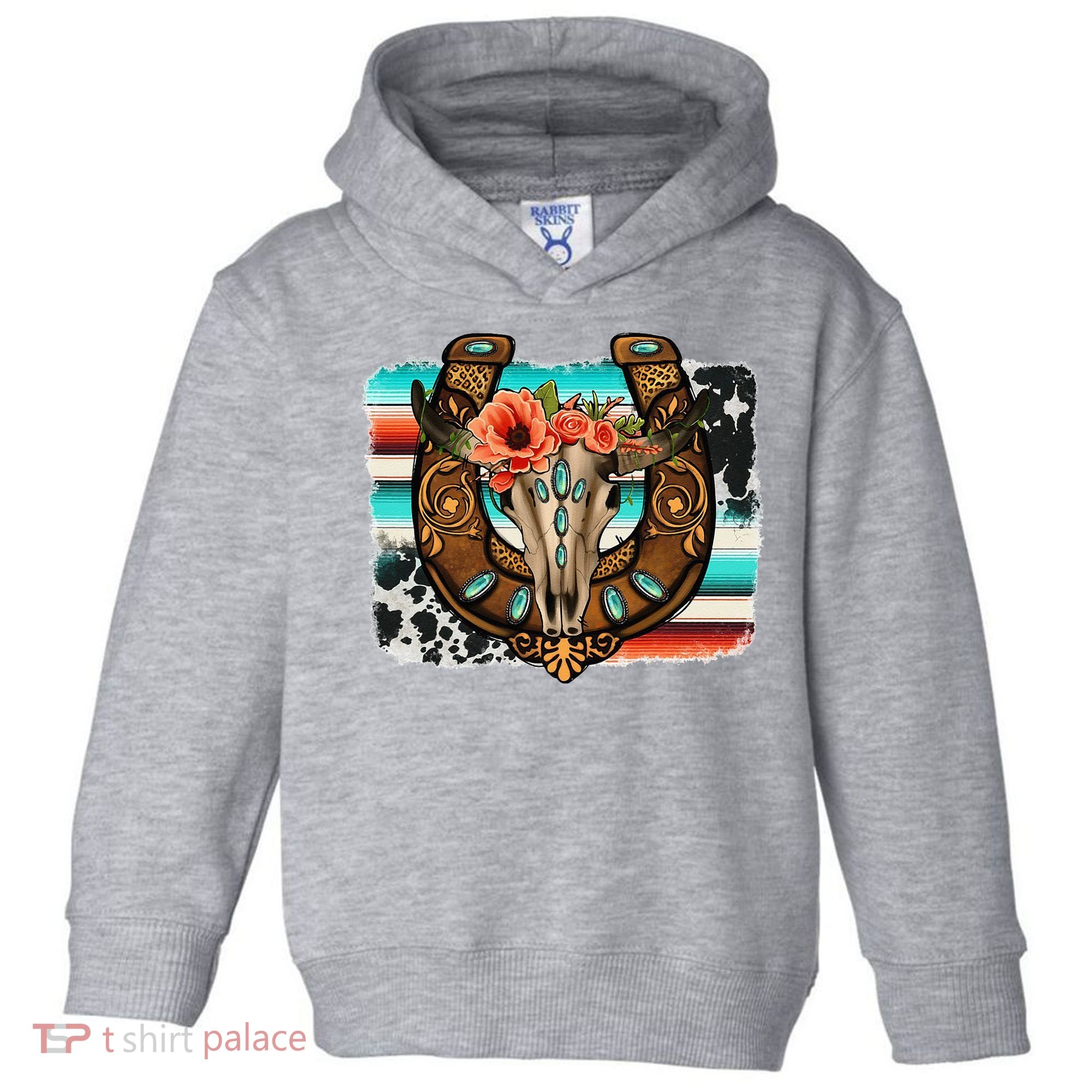 Boho Flower Bull Skull Horseshoes Western Cowhide Serape Toddler Hoodie