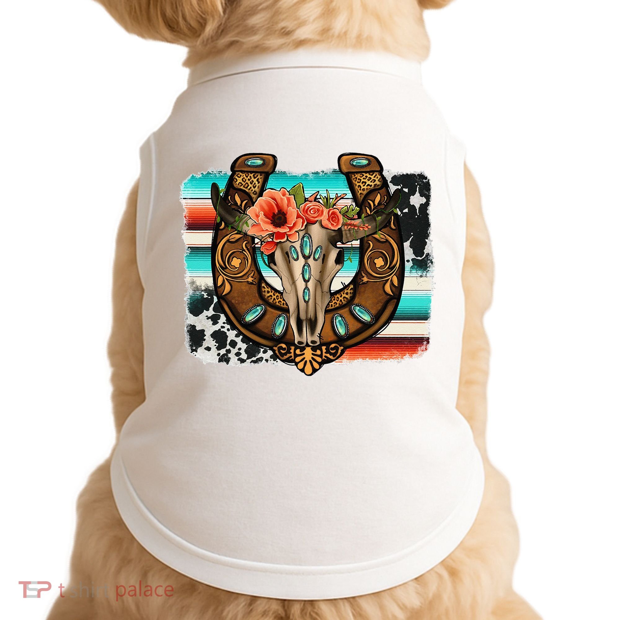 Boho Flower Bull Skull Horseshoes Western Cowhide Serape Doggie Tank
