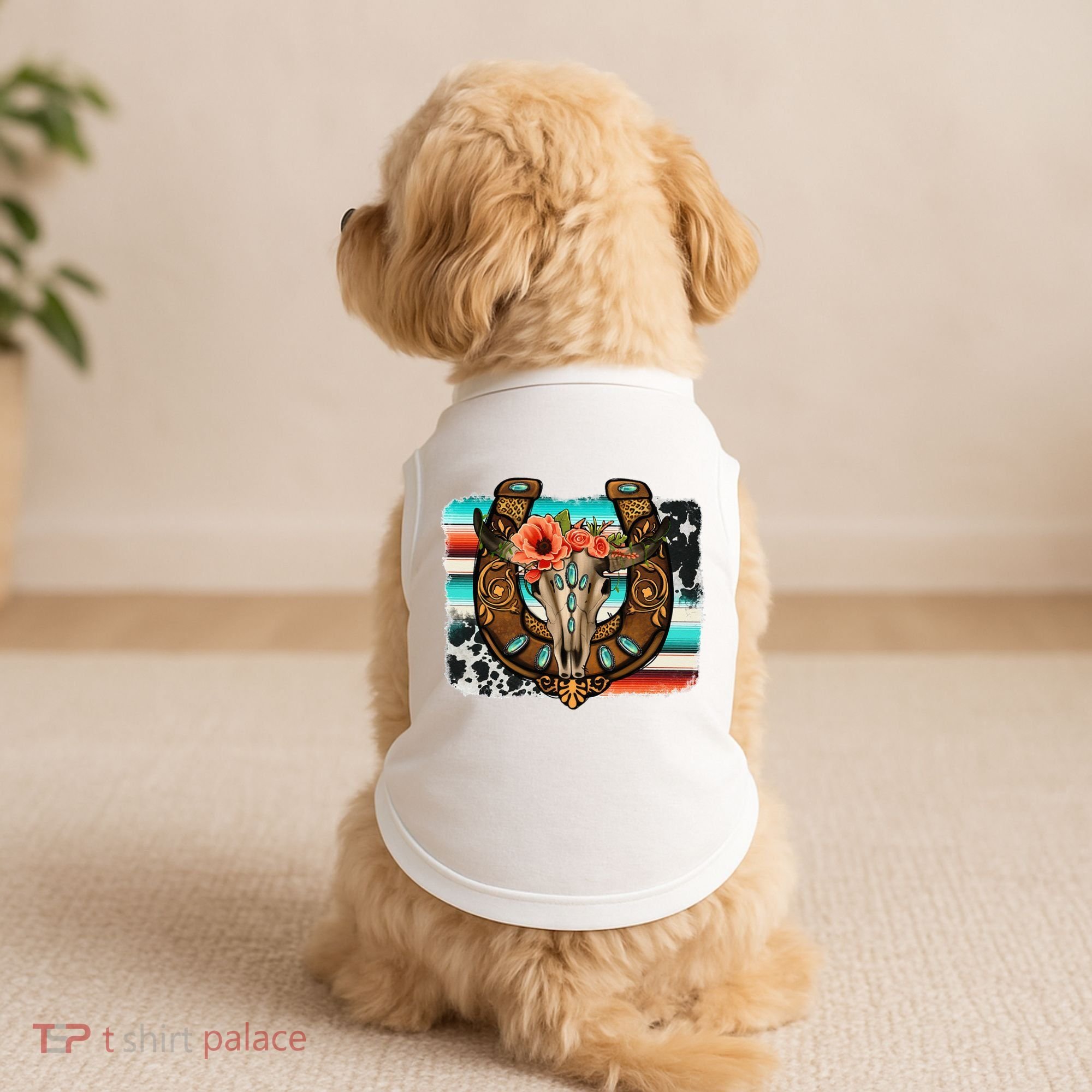 Boho Flower Bull Skull Horseshoes Western Cowhide Serape Doggie Tank