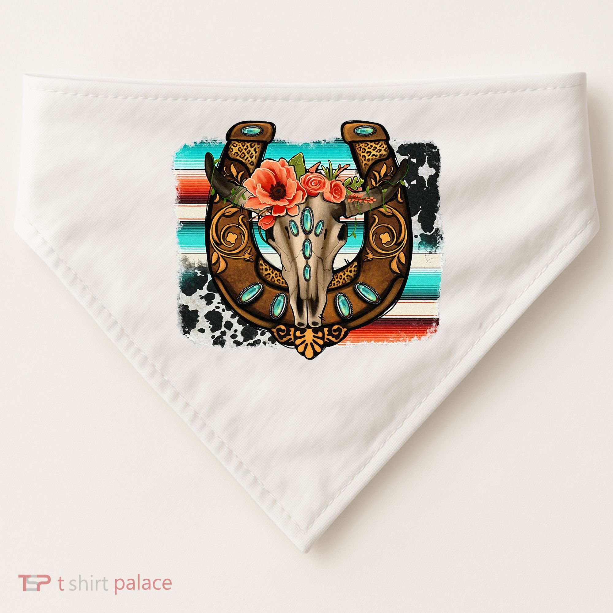 Boho Flower Bull Skull Horseshoes Western Cowhide Serape USA-Made Doggie Bandana