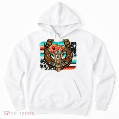 Boho Flower Bull Skull Horseshoes Western Cowhide Serape Hoodie
