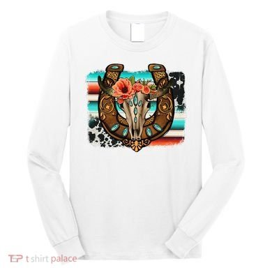 Boho Flower Bull Skull Horseshoes Western Cowhide Serape Long Sleeve Shirt