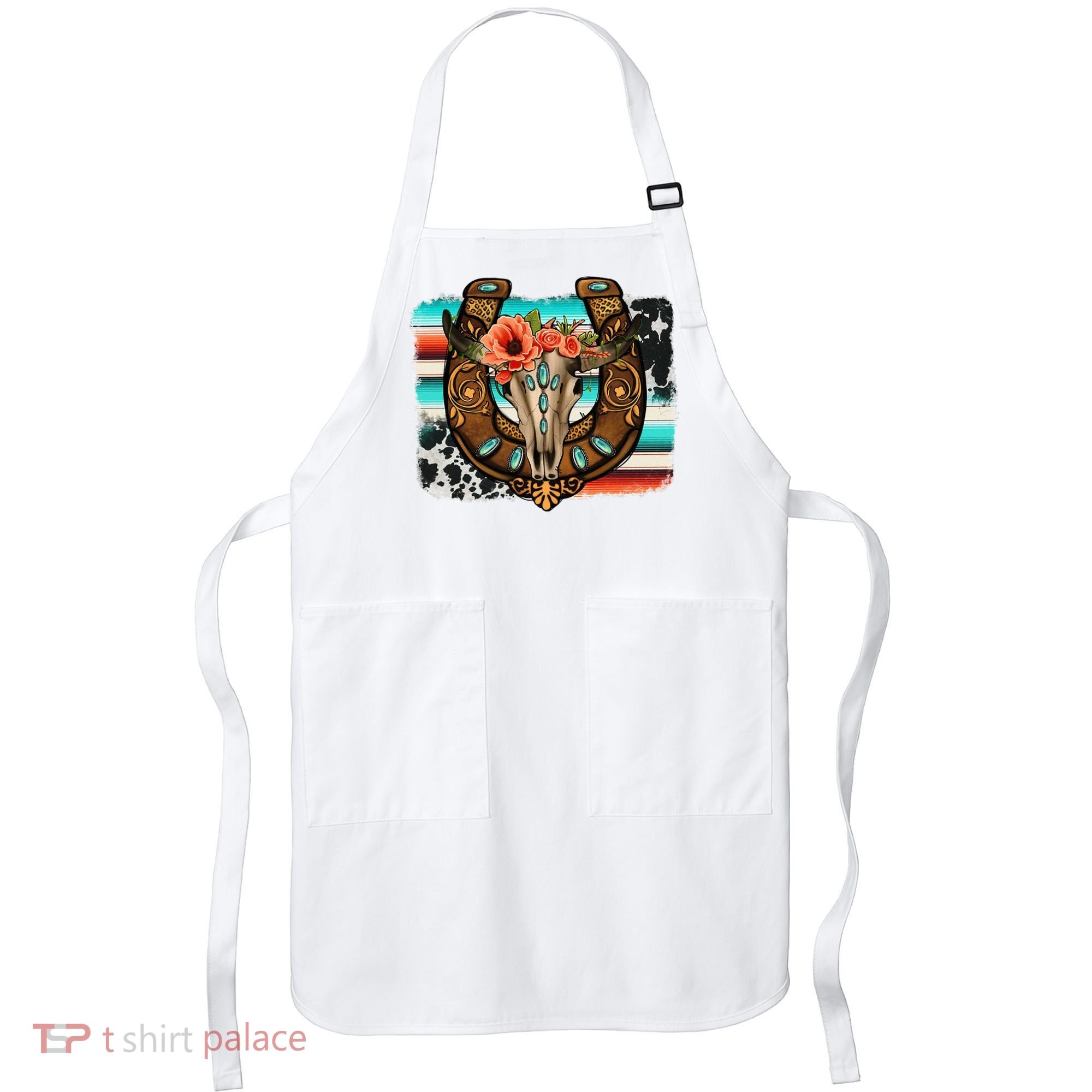 Boho Flower Bull Skull Horseshoes Western Cowhide Serape Apron