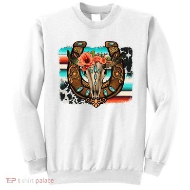Boho Flower Bull Skull Horseshoes Western Cowhide Serape Sweatshirt