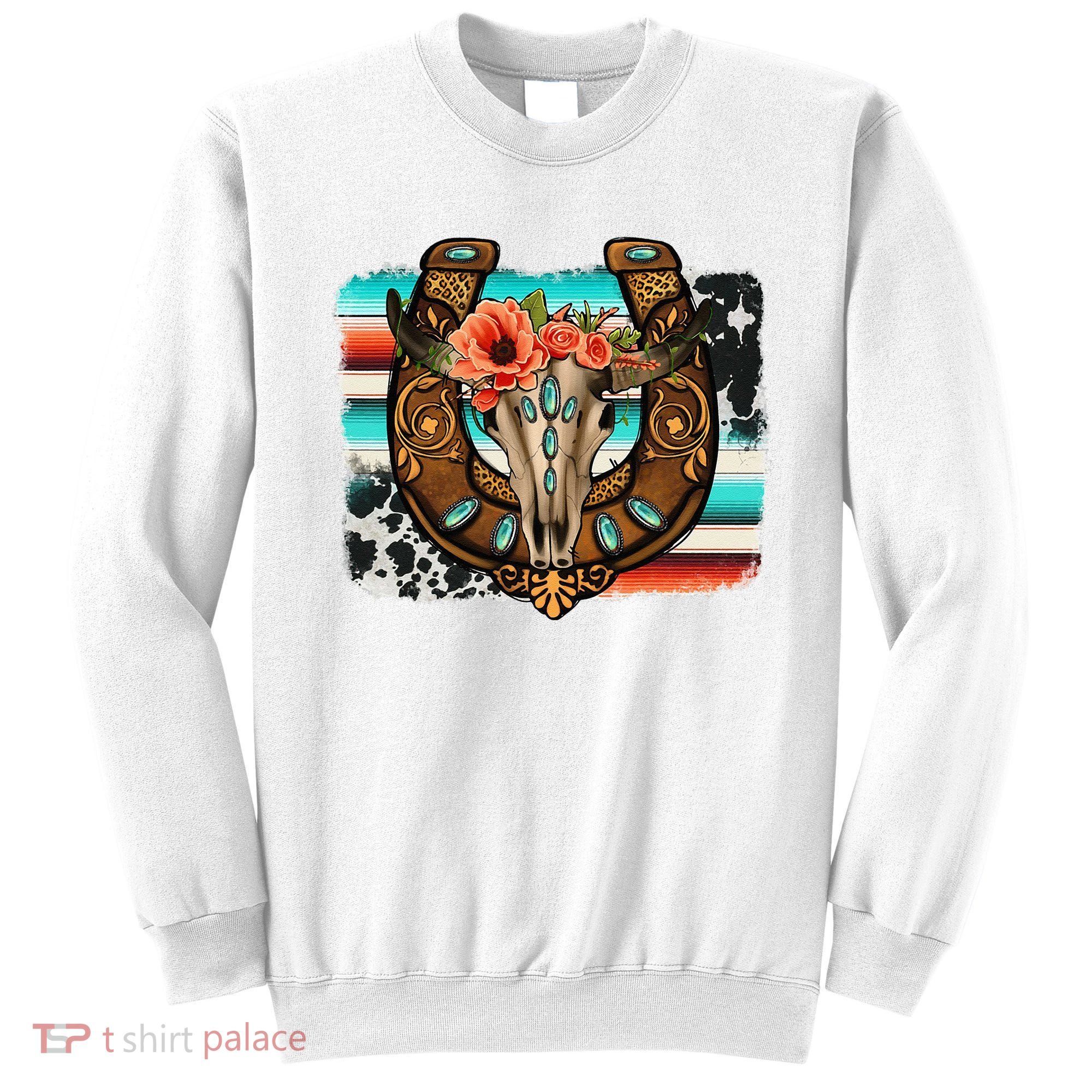 Boho Flower Bull Skull Horseshoes Western Cowhide Serape Sweatshirt
