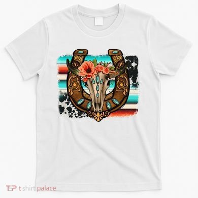 Boho Flower Bull Skull Horseshoes Western Cowhide Serape T-Shirt