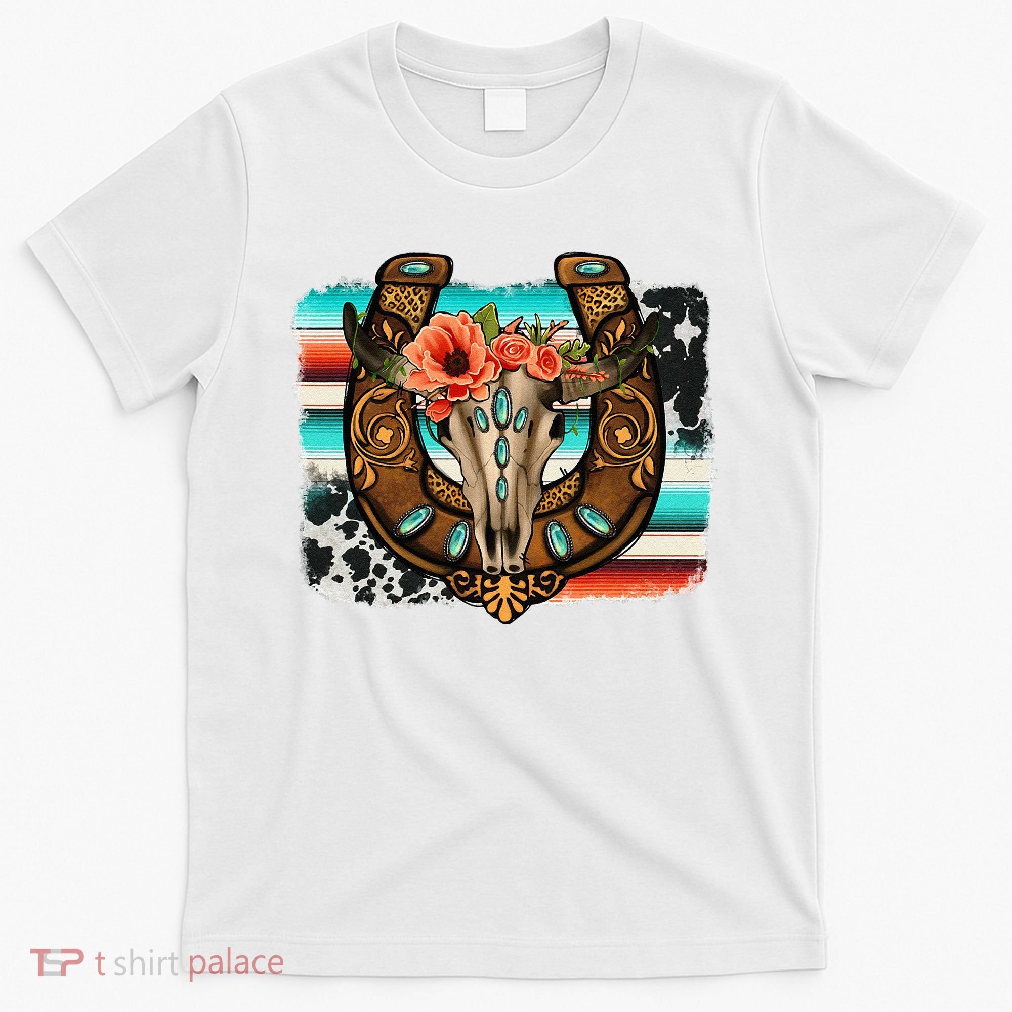 Boho Flower Bull Skull Horseshoes Western Cowhide Serape T-Shirt