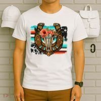 Boho Flower Bull Skull Horseshoes Western Cowhide Serape T-Shirt thumb 6