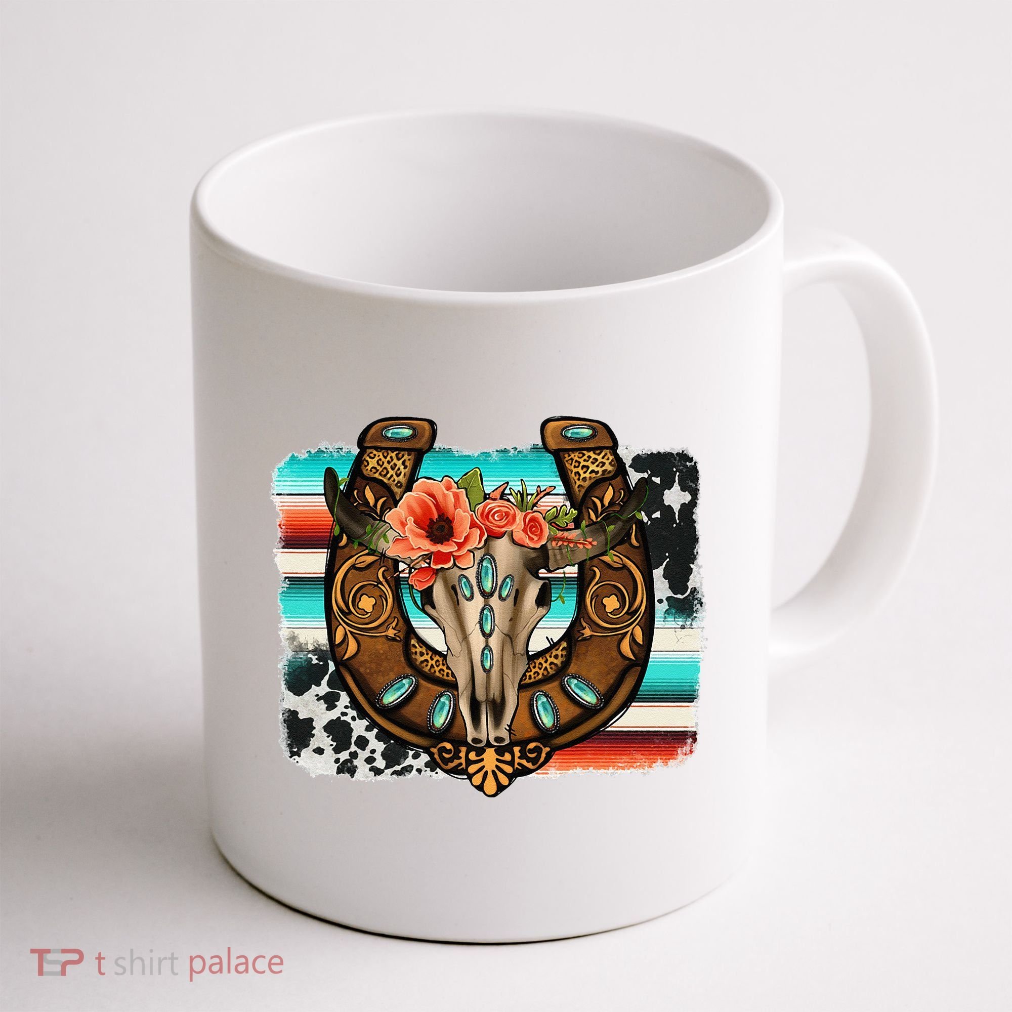 Boho Flower Bull Skull Horseshoes Western Cowhide Serape Coffee Mug