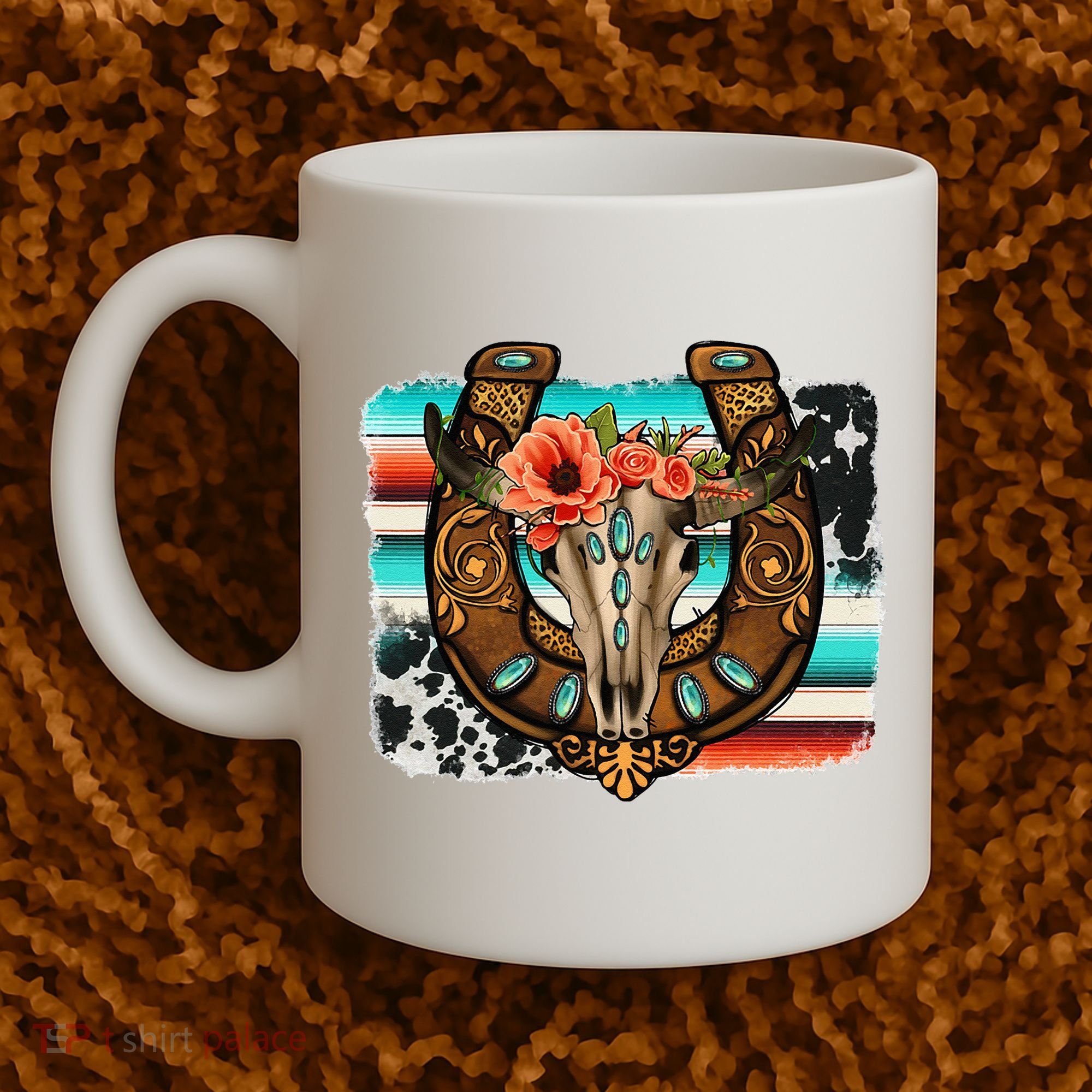 Boho Flower Bull Skull Horseshoes Western Cowhide Serape Coffee Mug