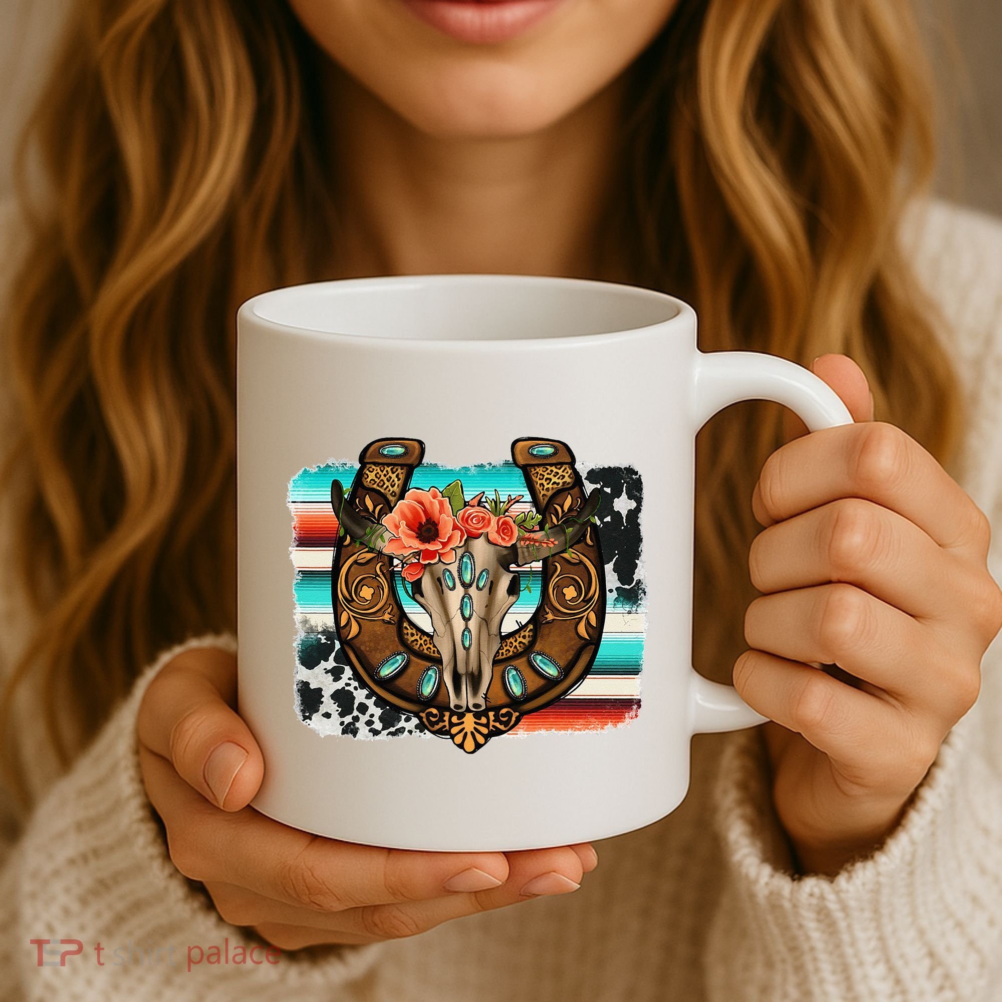 Boho Flower Bull Skull Horseshoes Western Cowhide Serape Coffee Mug