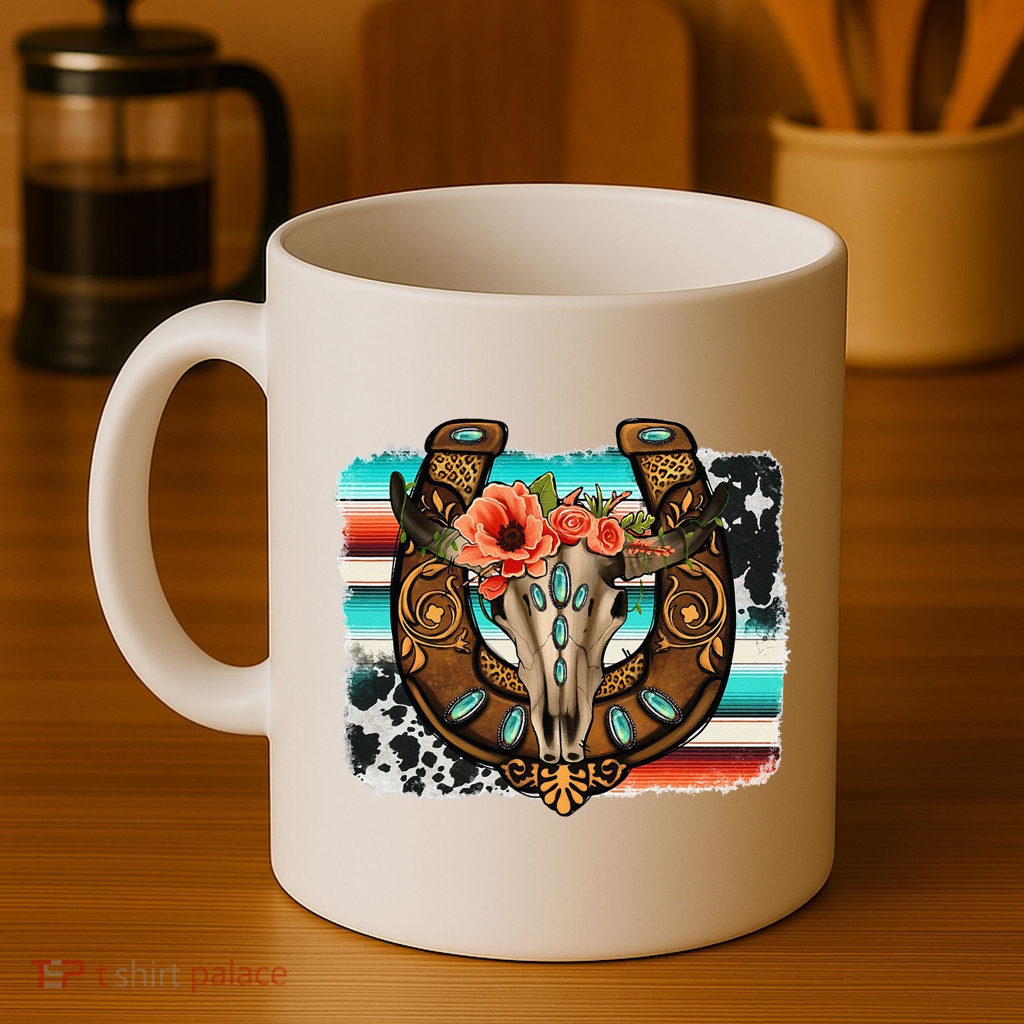 Boho Flower Bull Skull Horseshoes Western Cowhide Serape Coffee Mug