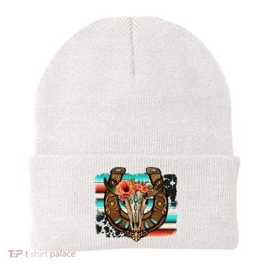 Boho Flower Bull Skull Horseshoes Western Cowhide Serape Beanie