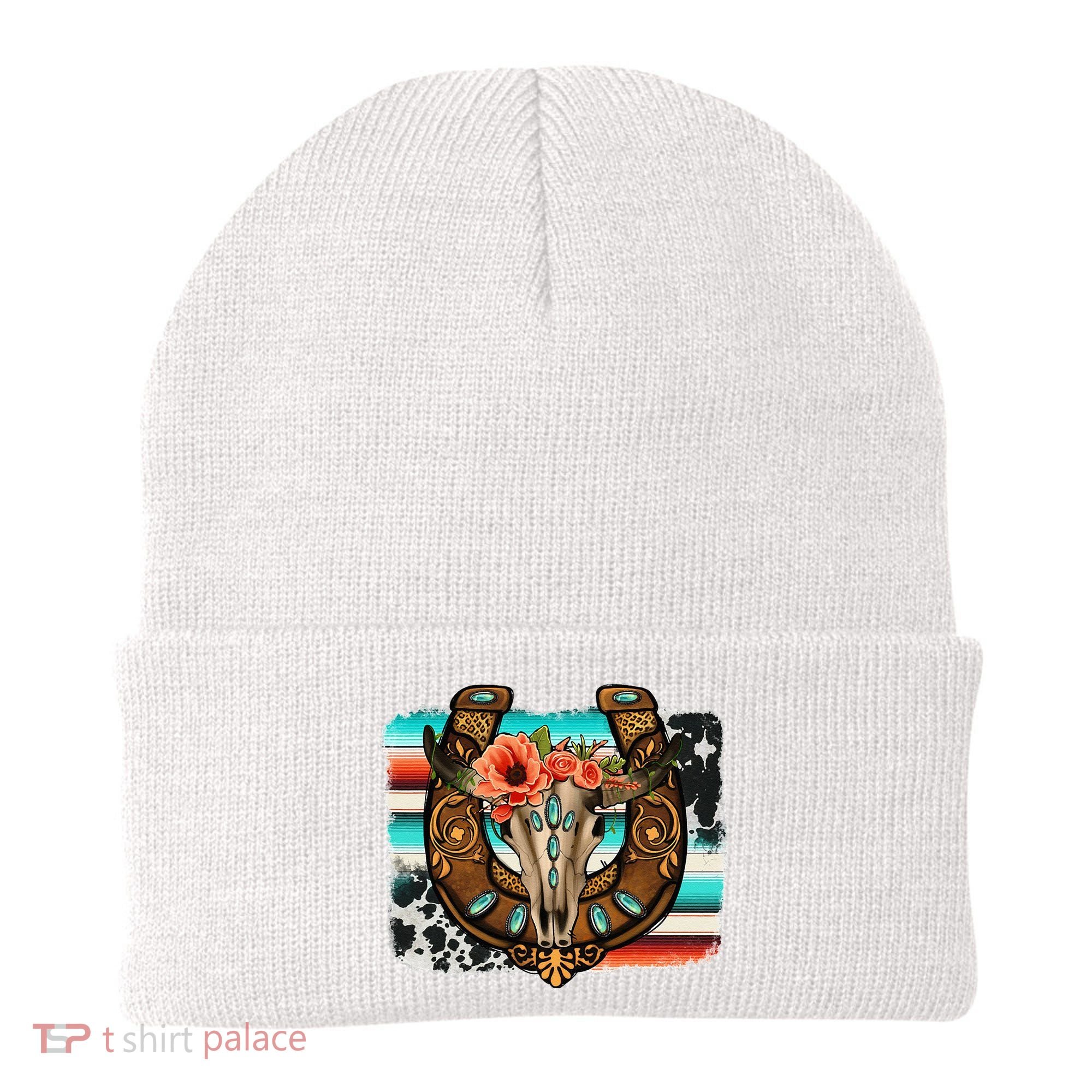 Boho Flower Bull Skull Horseshoes Western Cowhide Serape Beanie