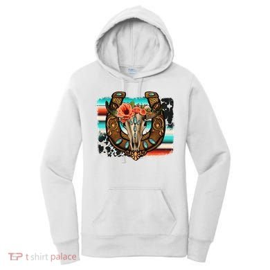 Boho Flower Bull Skull Horseshoes Western Cowhide Serape Women's Hoodie