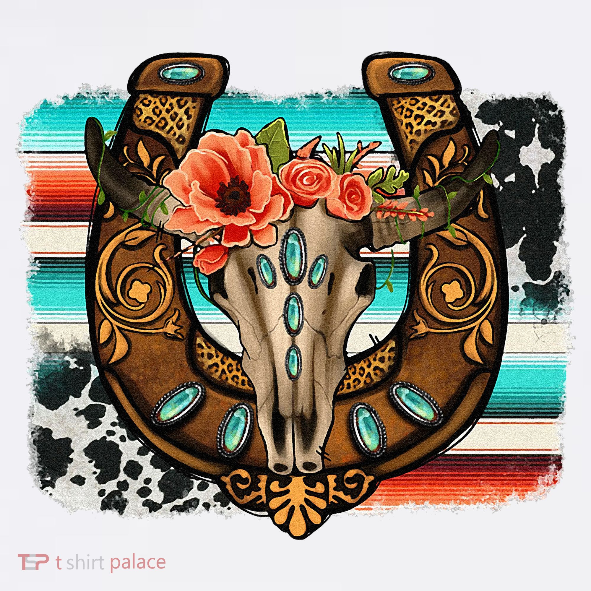 Boho Flower Bull Skull Horseshoes Western Cowhide Serape Women's Hoodie