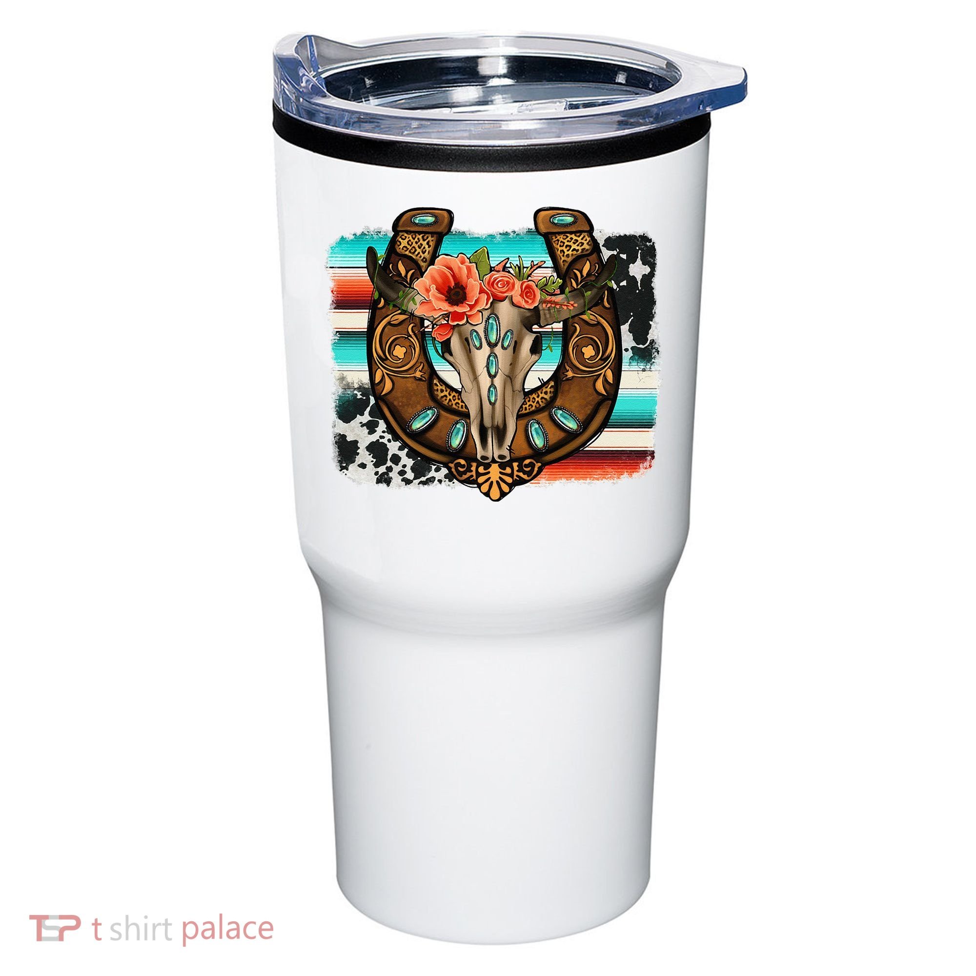 Boho Flower Bull Skull Horseshoes Western Cowhide Serape Tumbler