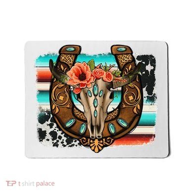 Boho Flower Bull Skull Horseshoes Western Cowhide Serape Mousepad