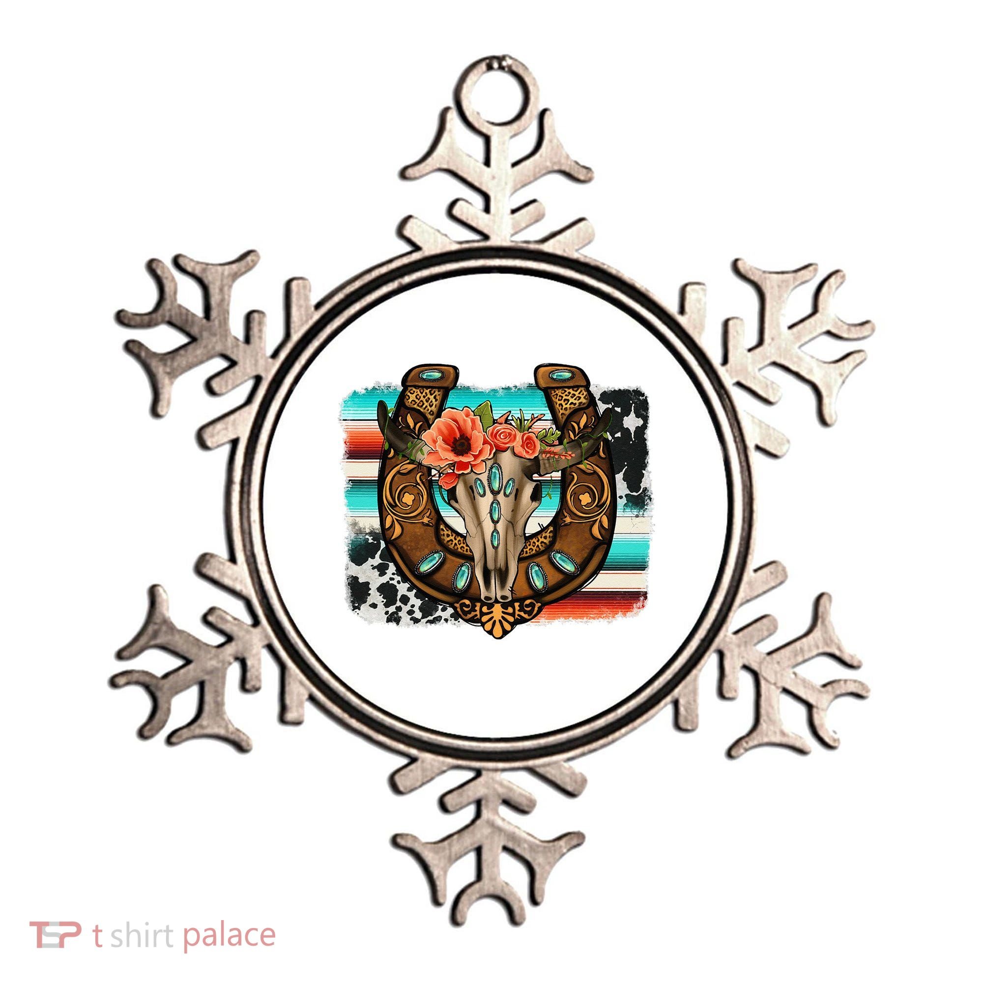 Boho Flower Bull Skull Horseshoes Western Cowhide Serape Ornament
