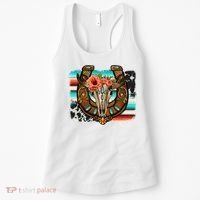 Boho Flower Bull Skull Horseshoes Western Cowhide Serape Women's Tank Top thumb 0