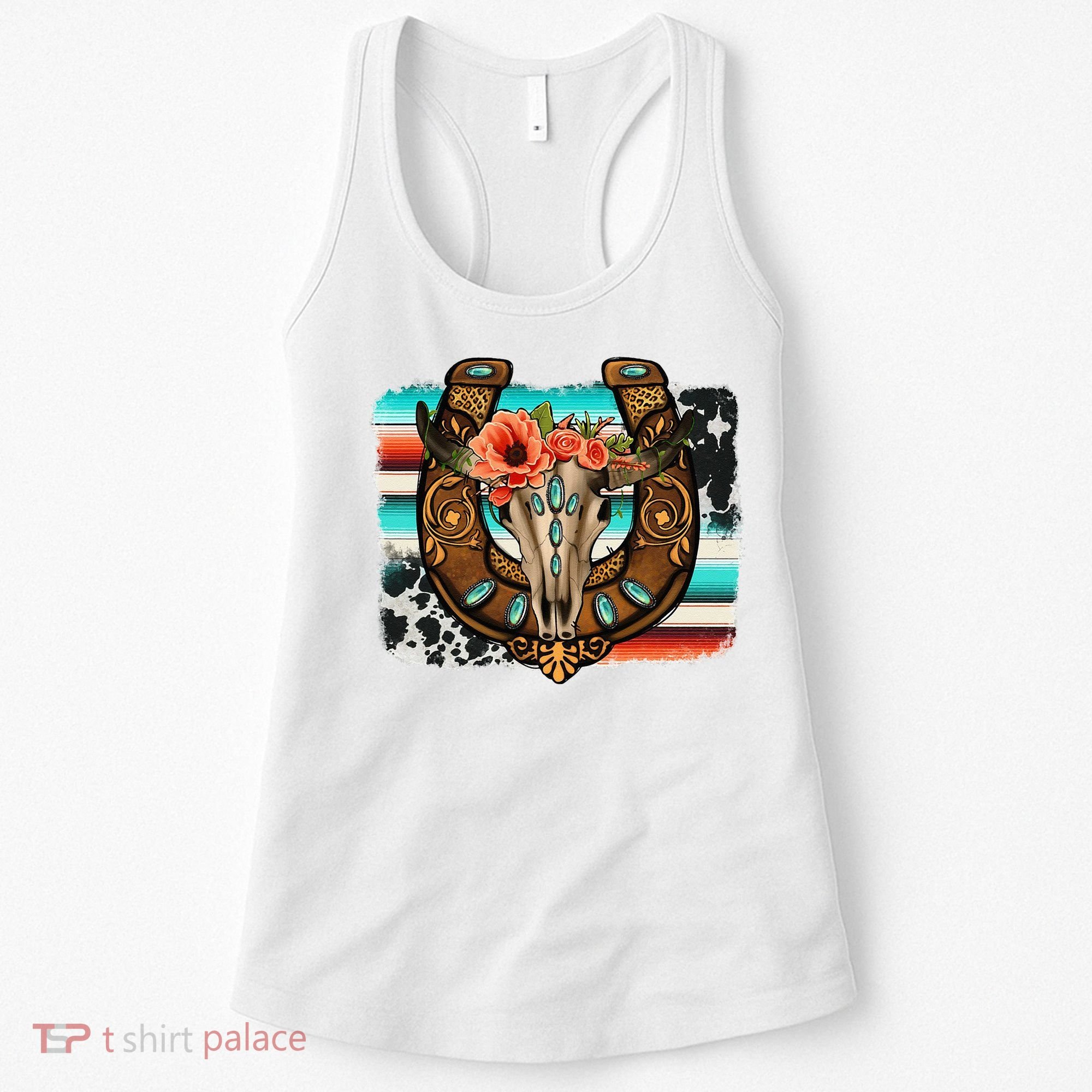 Boho Flower Bull Skull Horseshoes Western Cowhide Serape Women's Tank Top