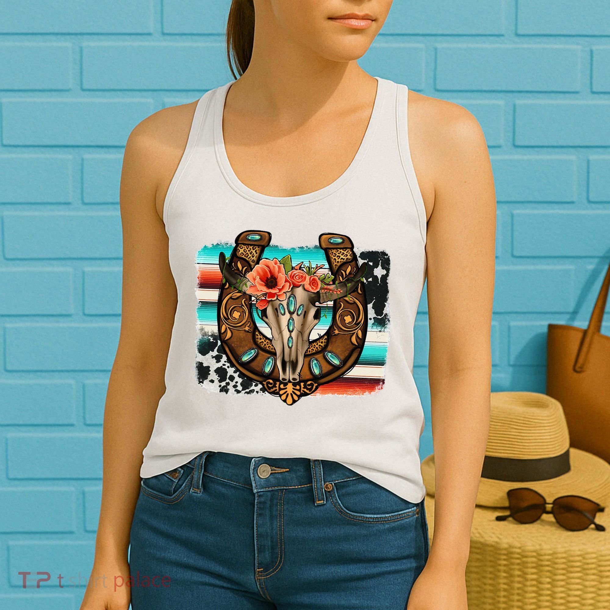 Boho Flower Bull Skull Horseshoes Western Cowhide Serape Women's Tank Top