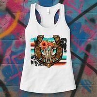 Boho Flower Bull Skull Horseshoes Western Cowhide Serape Women's Tank Top thumb 3
