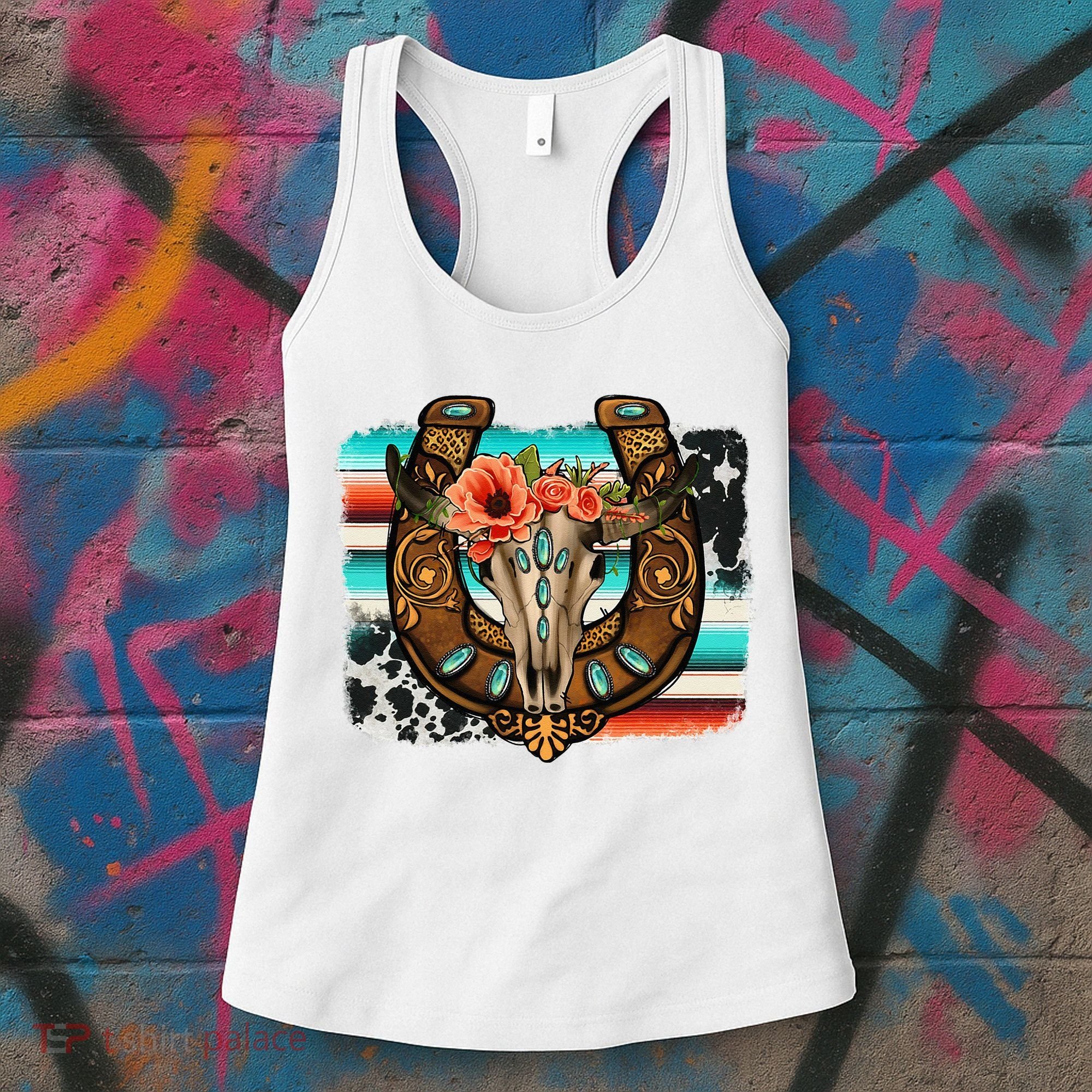 Boho Flower Bull Skull Horseshoes Western Cowhide Serape Women's Tank Top