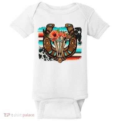 Boho Flower Bull Skull Horseshoes Western Cowhide Serape Baby Bodysuit