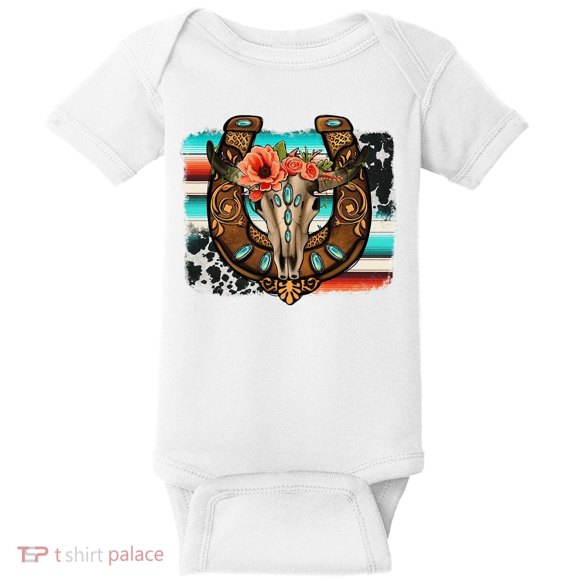 Boho Flower Bull Skull Horseshoes Western Cowhide Serape Baby Bodysuit