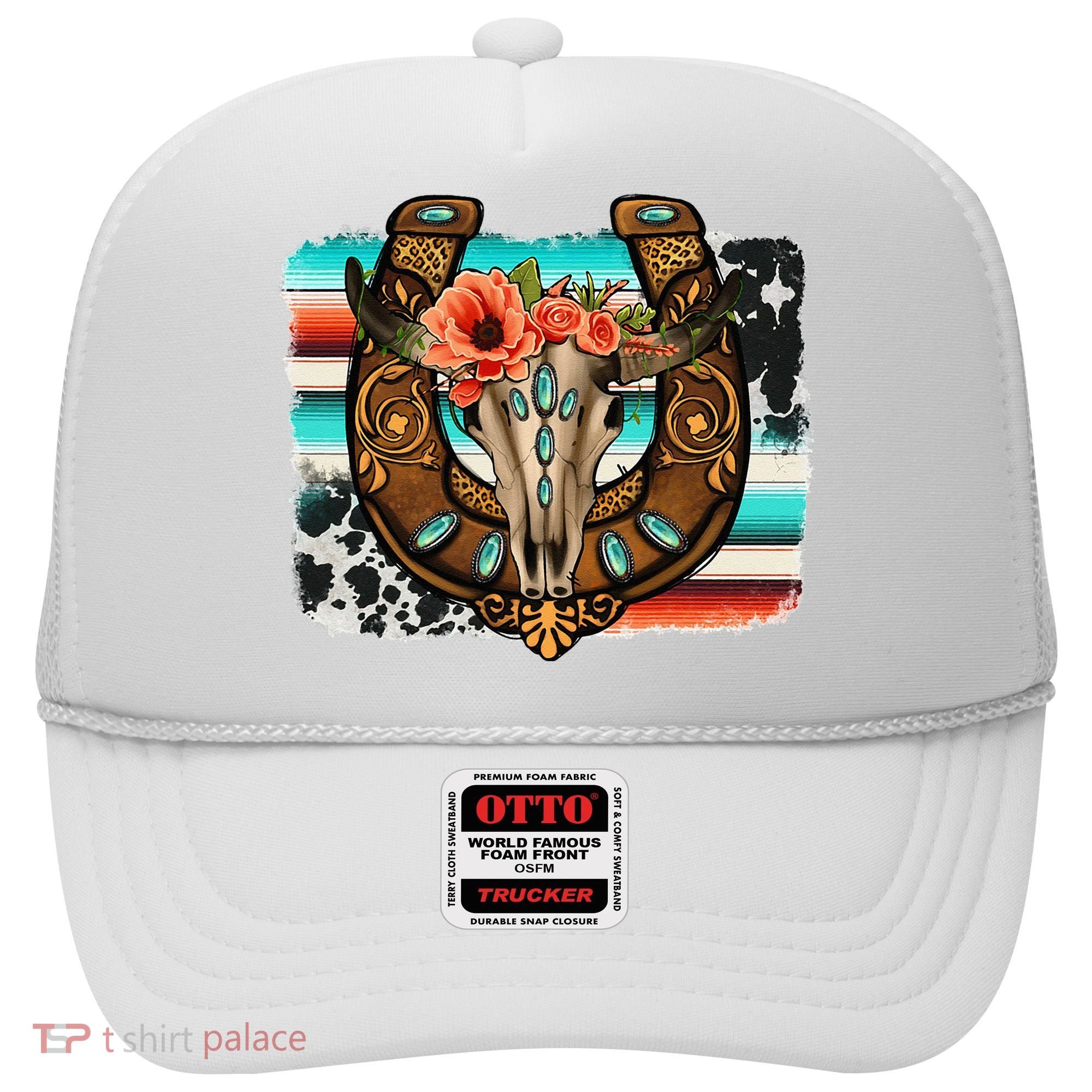 Boho Flower Bull Skull Horseshoes Western Cowhide Serape Hat