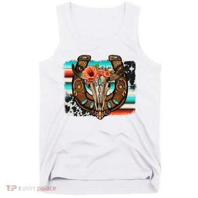Boho Flower Bull Skull Horseshoes Western Cowhide Serape Tank Top