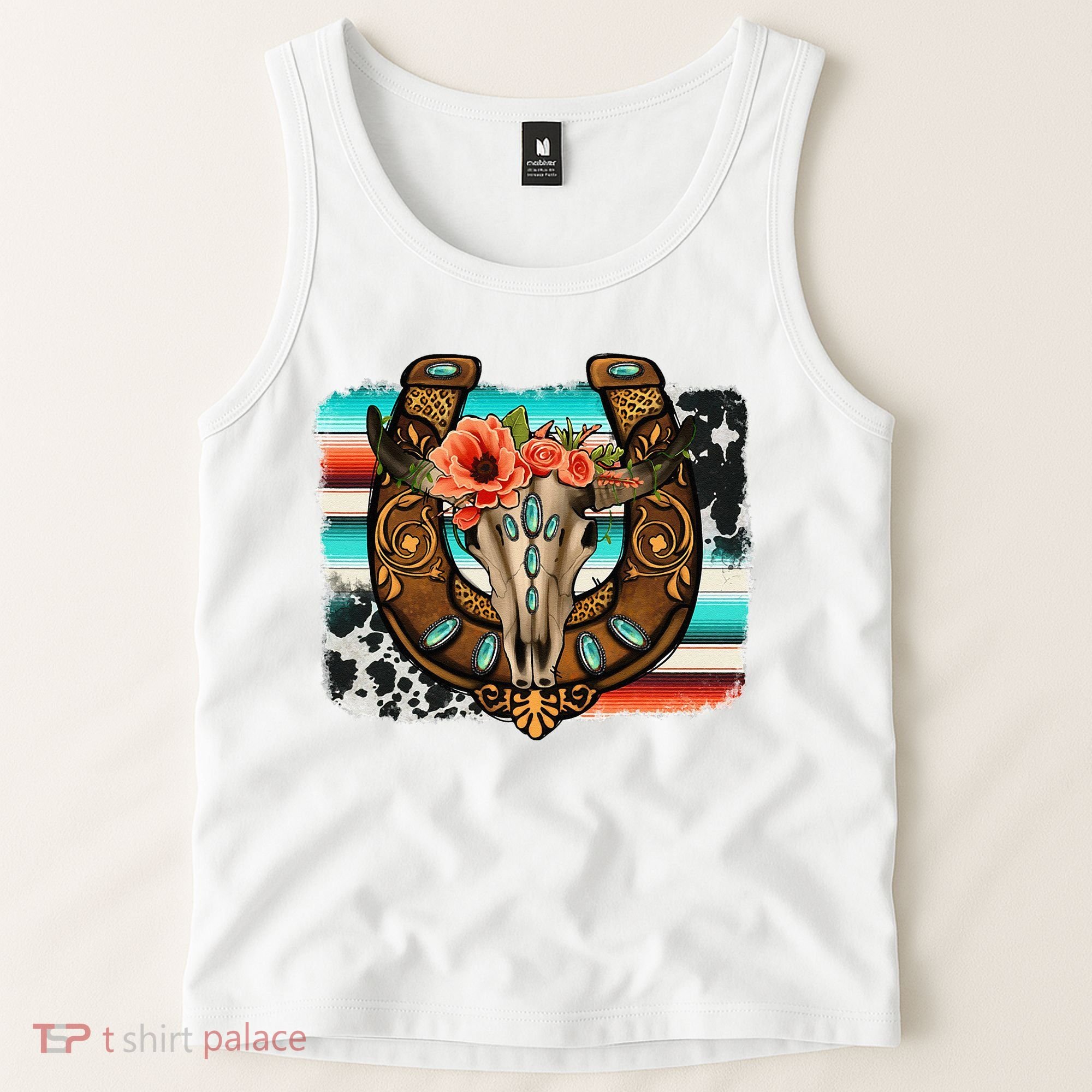 Boho Flower Bull Skull Horseshoes Western Cowhide Serape Tank Top