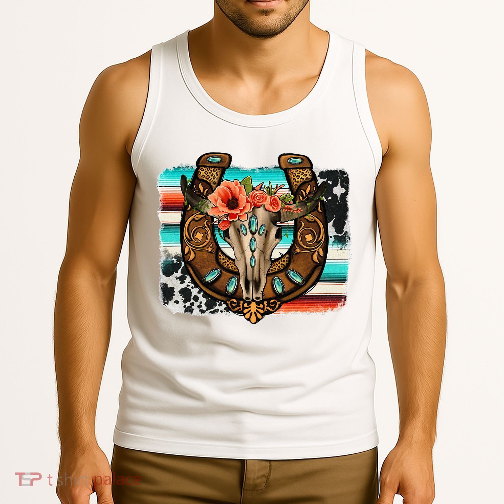 Boho Flower Bull Skull Horseshoes Western Cowhide Serape Tank Top