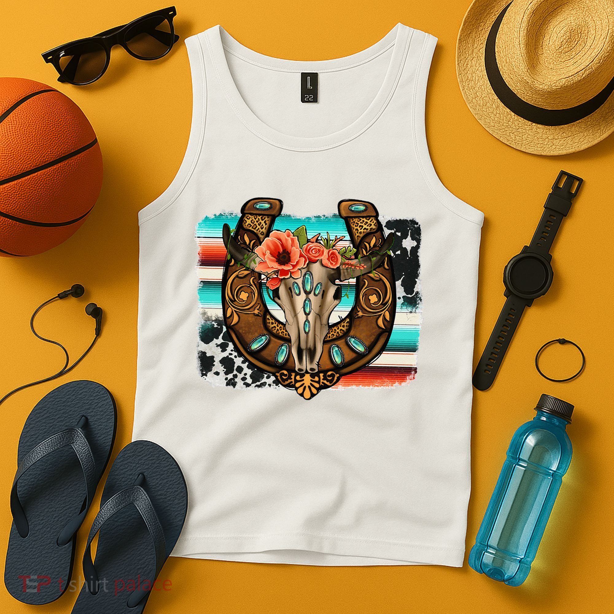 Boho Flower Bull Skull Horseshoes Western Cowhide Serape Tank Top
