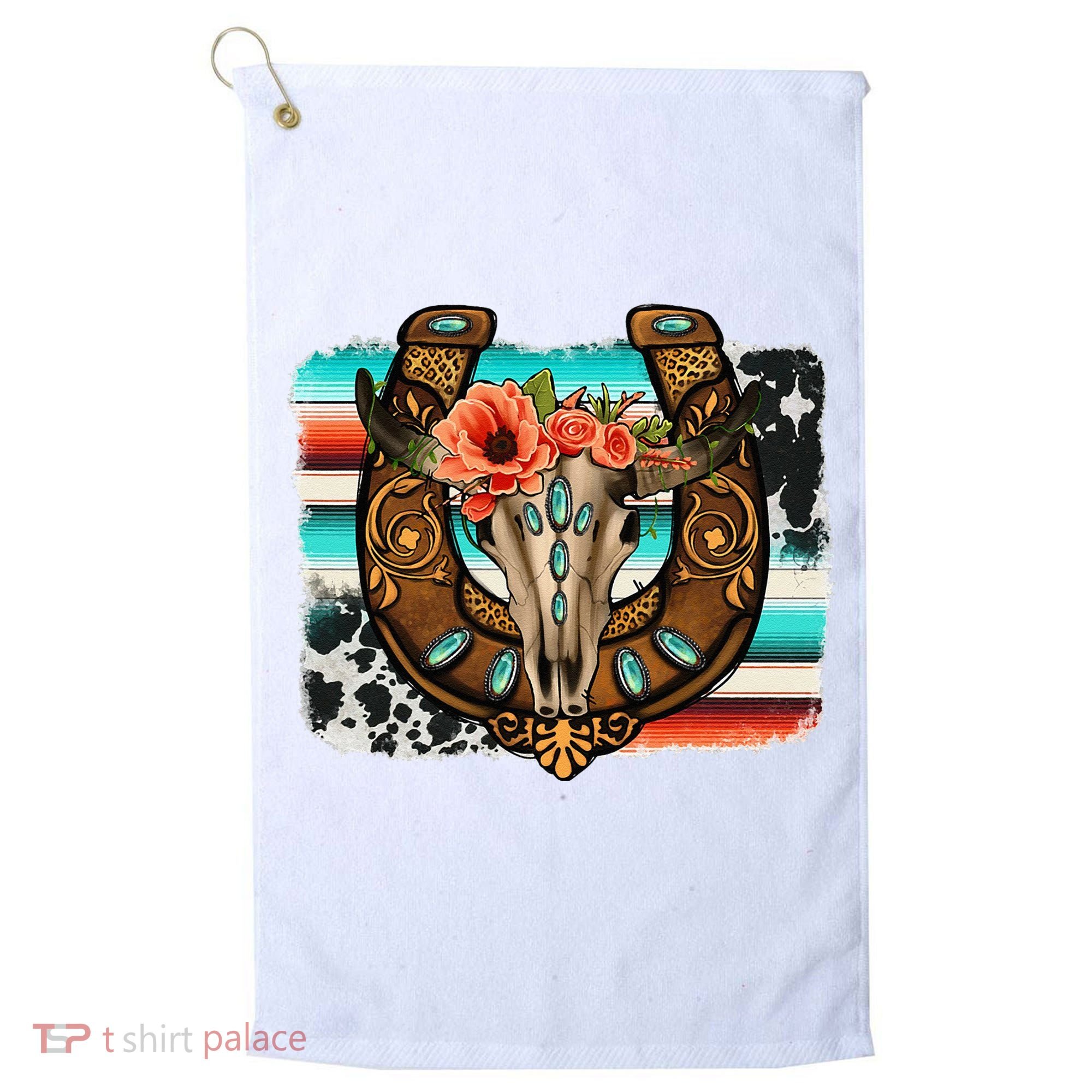 Boho Flower Bull Skull Horseshoes Western Cowhide Serape Golf Towel