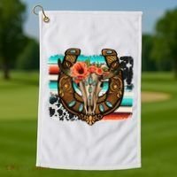 Boho Flower Bull Skull Horseshoes Western Cowhide Serape Golf Towel thumb 1