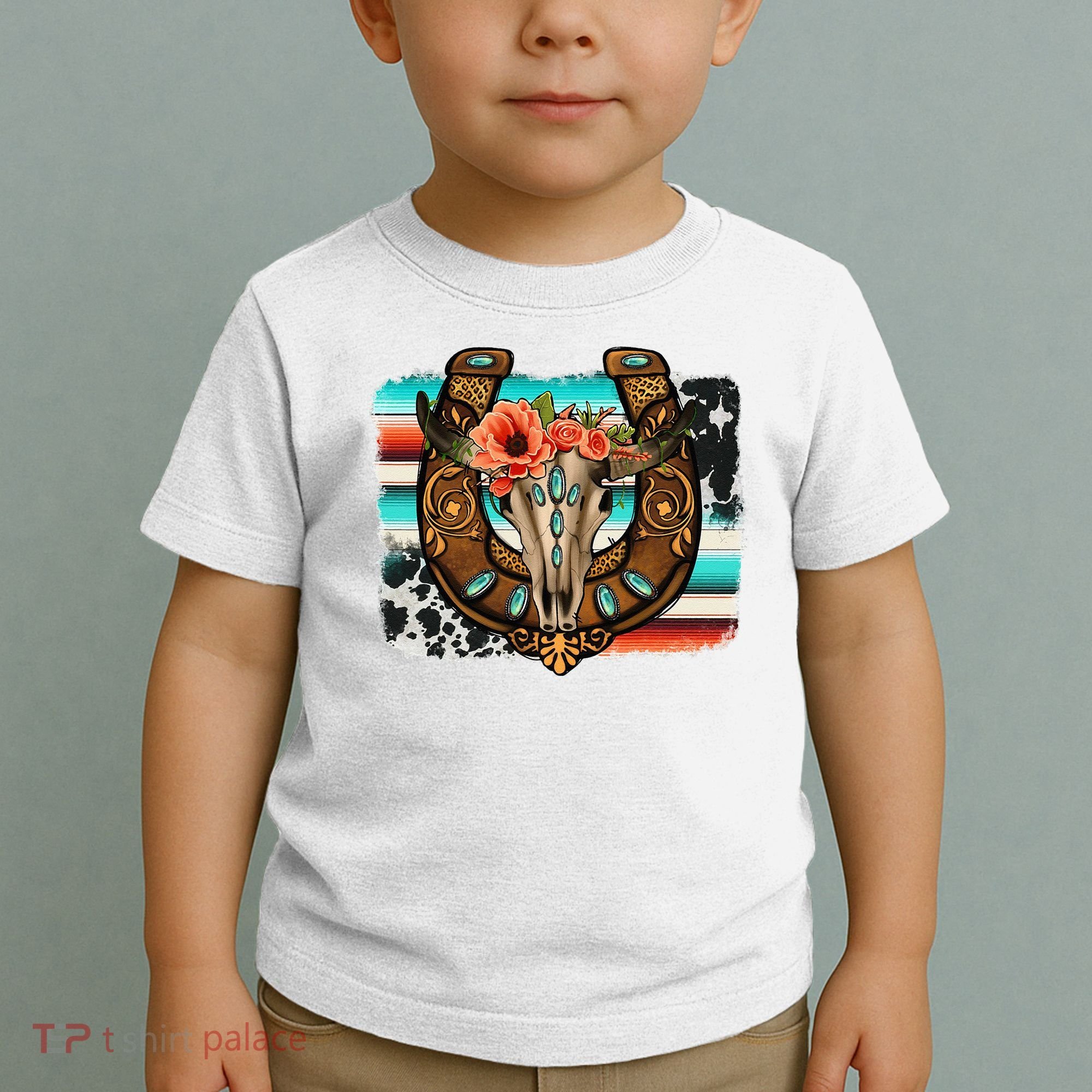 Boho Flower Bull Skull Horseshoes Western Cowhide Serape Toddler T-Shirt