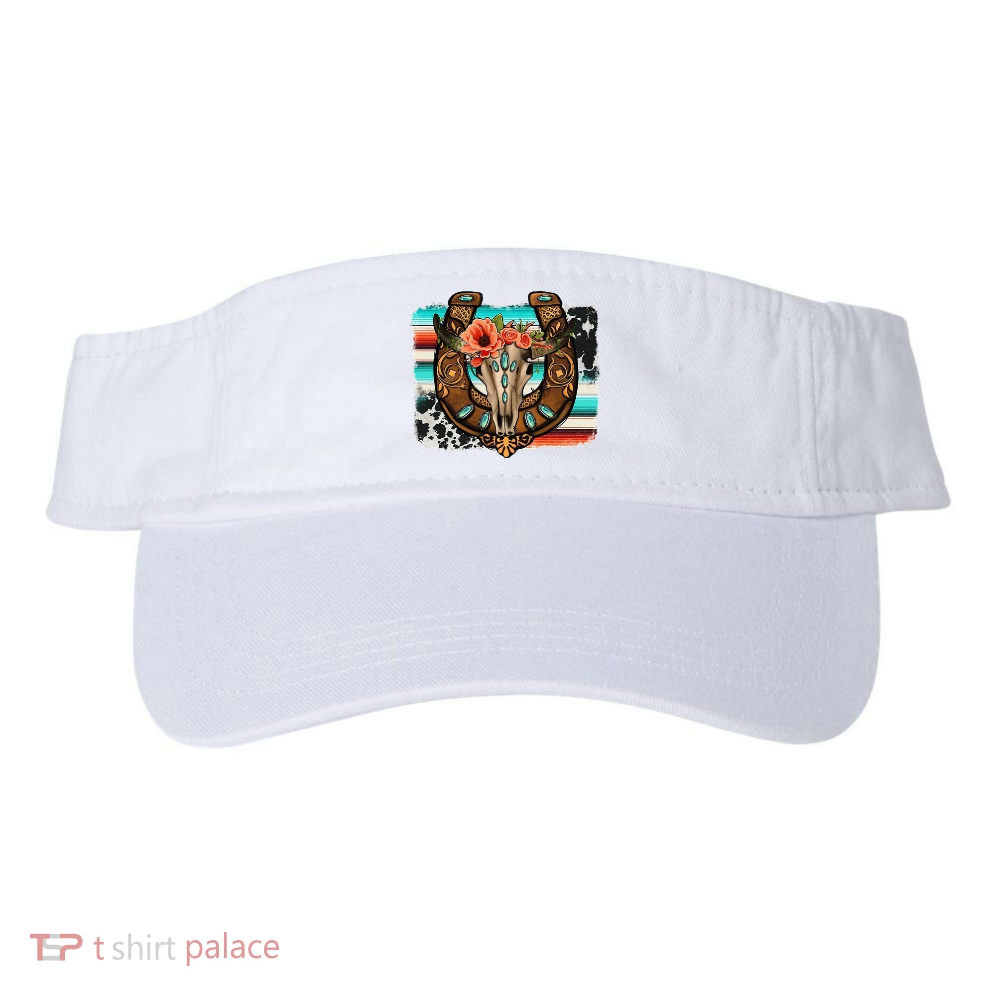 Boho Flower Bull Skull Horseshoes Western Cowhide Serape Visor