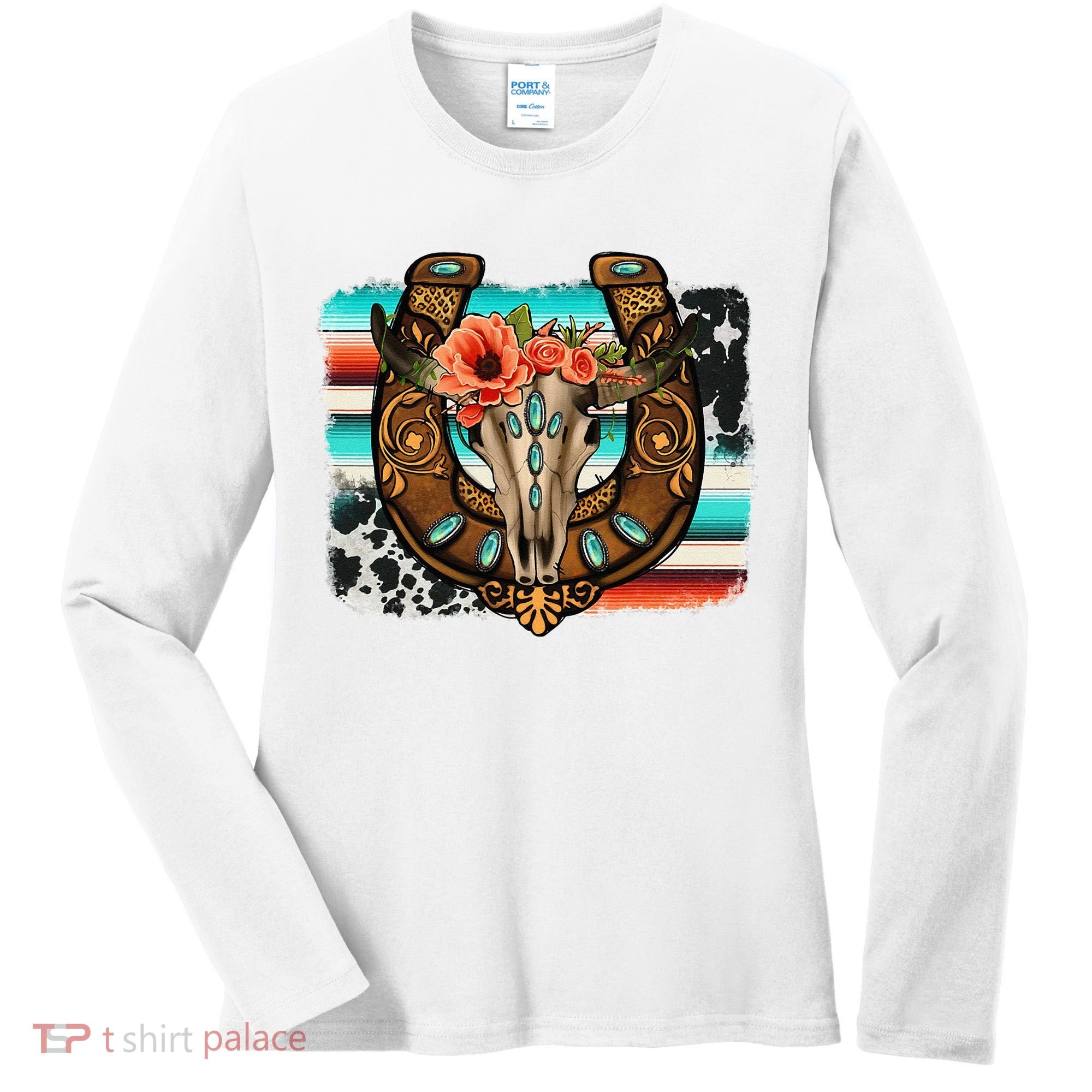Boho Flower Bull Skull Horseshoes Western Cowhide Serape Women's Long Sleeve Shirt