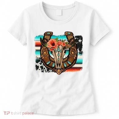 Boho Flower Bull Skull Horseshoes Western Cowhide Serape Women's T-Shirt