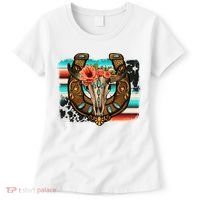 Boho Flower Bull Skull Horseshoes Western Cowhide Serape Women's T-Shirt thumb 0