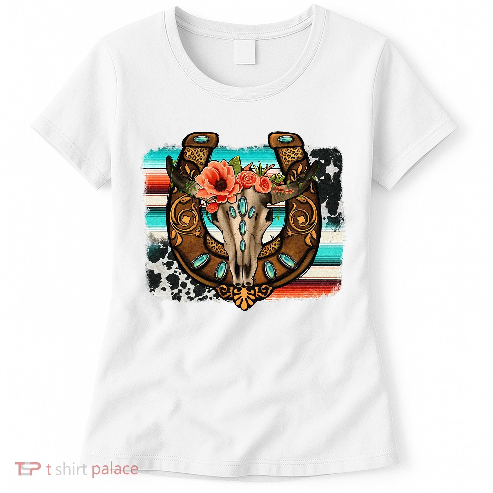 Boho Flower Bull Skull Horseshoes Western Cowhide Serape Women's T-Shirt