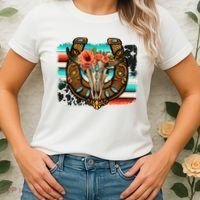 Boho Flower Bull Skull Horseshoes Western Cowhide Serape Women's T-Shirt thumb 2